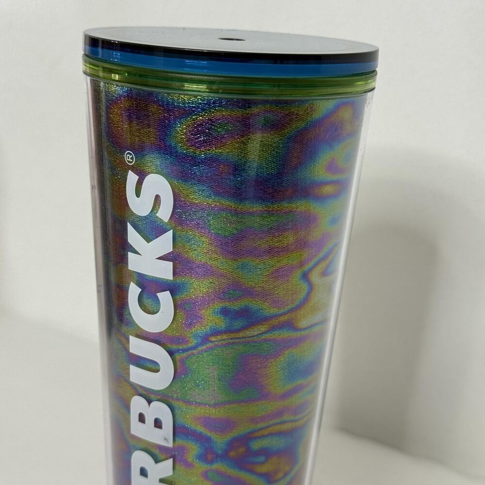Starbucks 24 oz Iridescent Holographic Tumbler Cold Cup Lid Reusable NEW